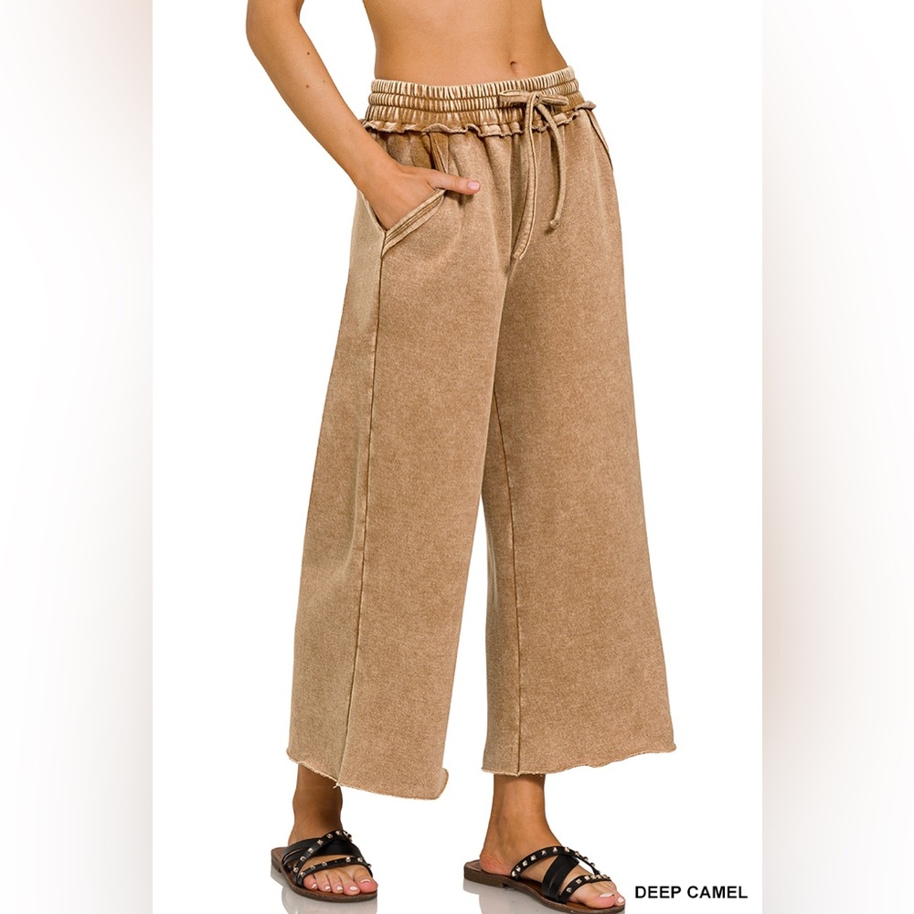 Zenana Mineral Wash Crop Fleece Palazzo Sweat Pant in Deep Camel NEW NWT - Picture 2 of 3